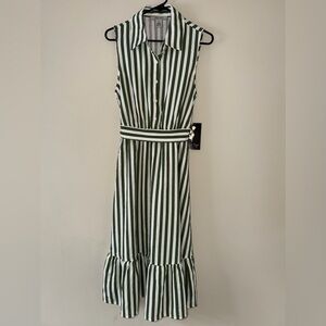 Sleeveless Green and White Striped Midi Shirt Dress